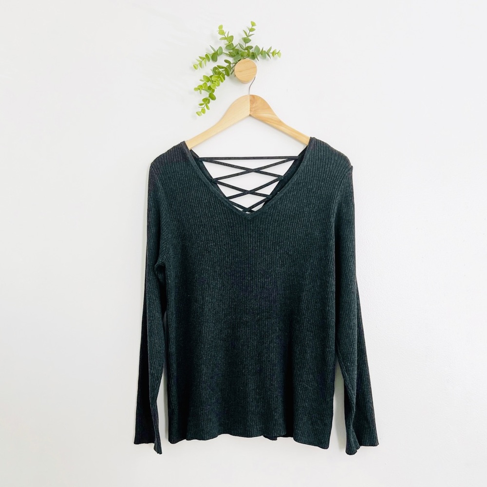 Gnu Dark Gray Ribbed V-Neck Lace Up Back Sweater